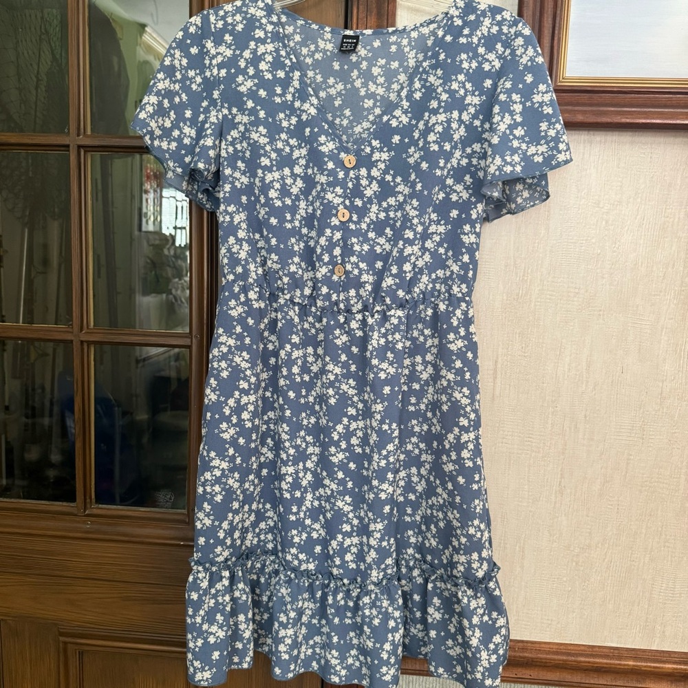 SHEIN Blue and White Ruffled Tiered Sundress